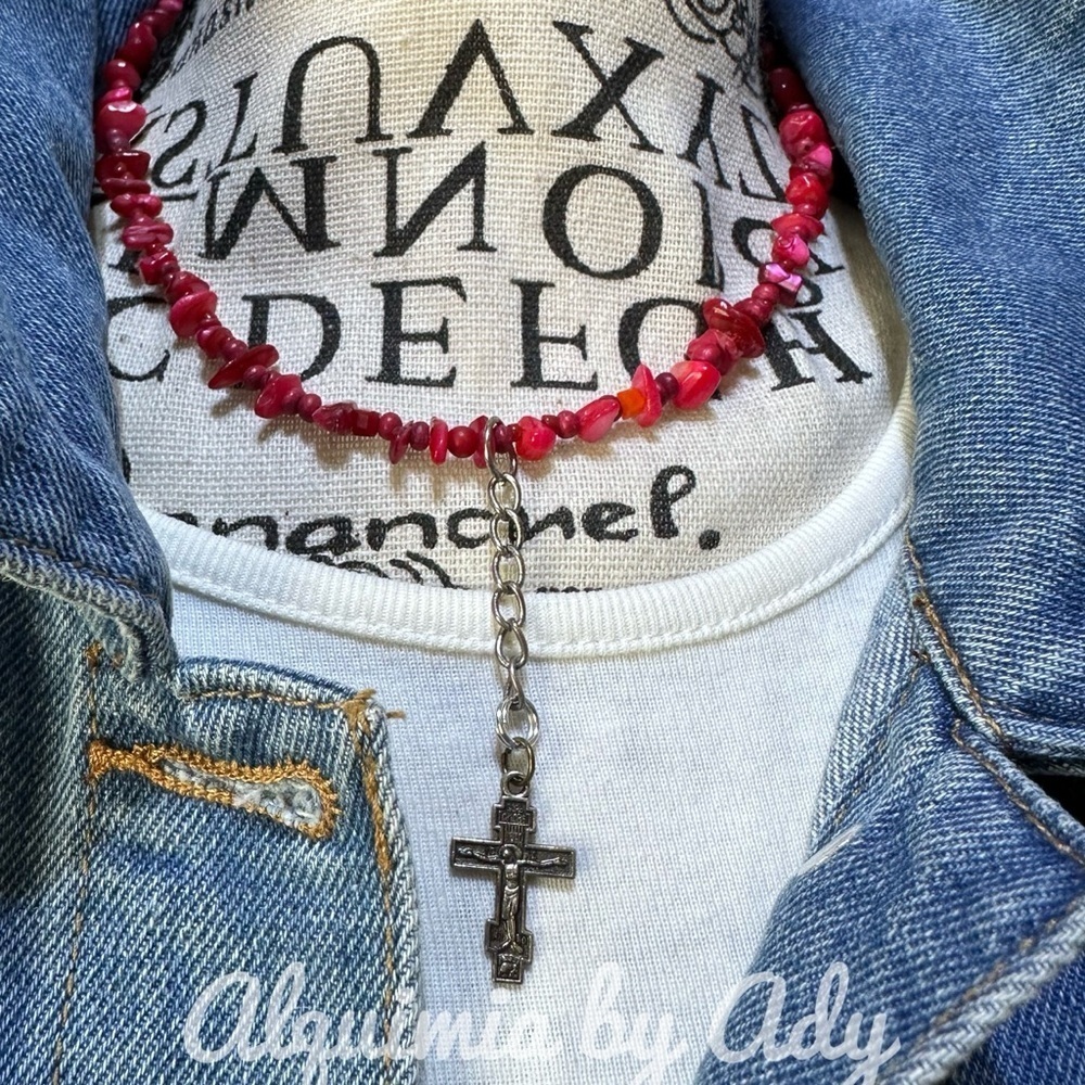 Coral beaded maximalist necklace/chunky/statement cross pendant